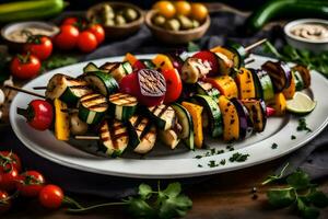 grigliato verdure su spiedini con pomodori e cetrioli. ai-generato foto