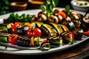 grigliato verdure su spiedini con immersione salsa. ai-generato foto