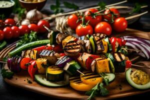 grigliato verdure su spiedini con pomodori e cetrioli. ai-generato foto