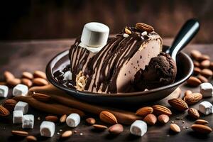 cioccolato ghiaccio crema con marshmallows e mandorle nel un' ciotola. ai-generato foto