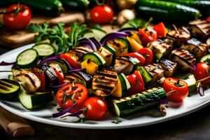 grigliato verdure su spiedini su un' piatto. ai-generato foto