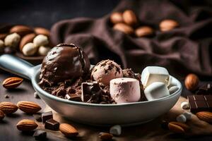 cioccolato ghiaccio crema nel un' ciotola con mandorle e marshmallows. ai-generato foto