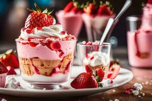 un' dolce con fragole e frustato crema. ai-generato foto