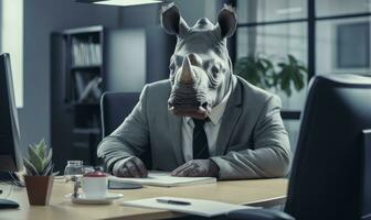 rinoceronte lavori diligentemente nel ufficio. ai generativo foto