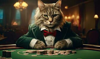 elegante felino croupier nel completo da uomo, focalizzata su posta in gioco alta gioco. ai generativo foto