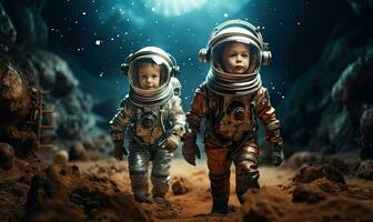 Due bambini nel tute spaziali con gioia giocare su un' lunare superficie. ai generativo foto