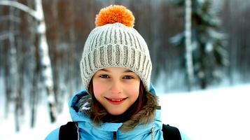 giovane sciatore nel un' a maglia cappello con un' pompon sta contro il fondale di un' inverno paesaggio e sorrisi. ai generato. foto