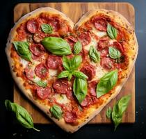 Pizza nel il forma di un' cuore simbolo su un' di legno superficie. ai generato foto