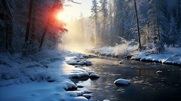 inverno paesaggio, fiume, foresta, Basso inverno sole. ai generato foto