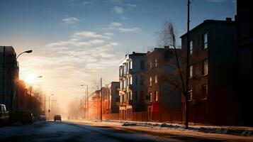inverno città paesaggio a alba. ai generato foto