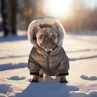 ai generato piccolo francese bulldog nel inverno Abiti corre attraverso il neve. ai generato foto