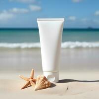 vuoto bianca cosmetico tubo su spiaggia con stella marina e guscio. generativo ai foto
