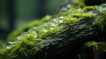 bellissimo avvicinamento di verde muschio gocce di pioggia su albero abbaiare bellissimo sfondo di muschio per sfondo. ai generativo foto