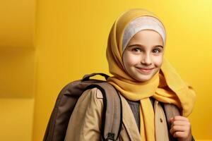 contento scuola allievo, Arabo ragazza nel hijab su isolato su studio sfondo con copia spazio, indietro per scuola. ai generativo foto