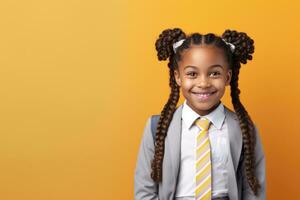 contento scuola allievo, afroamericano ragazza su isolato su studio sfondo con copia spazio, indietro per scuola. ai generativo foto
