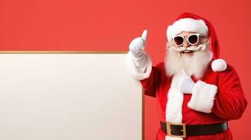 Santa Claus nel occhiali da sole con vuoto telaio tavola con vuoto copia spazio su rosso sfondo. ai generativo foto