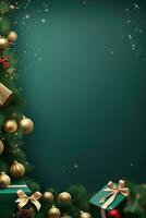 Natale telaio con natale albero su verde tela sfondo. allegro Natale carta. inverno vacanza tema. contento nuovo anno. spazio per testo. ai generativo foto