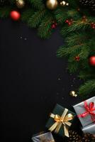 Natale telaio con natale albero su nero tela sfondo. allegro Natale carta. inverno vacanza tema. contento nuovo anno. spazio per testo. ai generativo foto