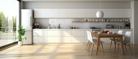 moderno spazioso minimalista cucina con soffitta elementi. cenare la zona, tavolo e sedie. combinazione di legna e calcestruzzo. confortevole vivente spazio.. ai generativo foto
