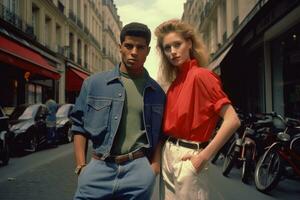 nostalgico Parigi un' di coppia 1990 romanza su il città strade. ai generativo foto
