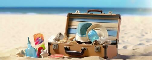 spiaggia preparazione, Accessori nel valigia su sabbia. generativo ai foto