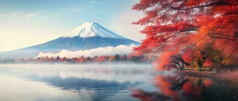 montare fuji nel Giappone Kawaguchiko lago autunno rosso le foglie su alberi montagna coperto nel neve calma lago riflette montagna e alberi. ai generativo foto