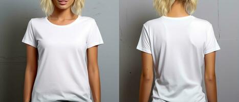 bianca vuoto maglietta donna modello modello modello per design davanti e indietro Visualizza. ai generativo foto