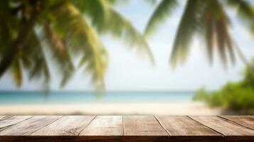vuoto di legno tavolo Prodotto Schermo sfocato tropicale spiaggia sfondo ai generativo foto