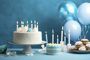 compleanno torta con candele e dolci su bianca tavolo vicino blu parete. generativo ai foto