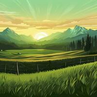 un' cartone animato paesaggio di un' verde campo e montagne. ai generativo foto