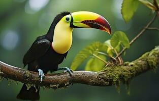 castagno mandibolato tucano seduta su il ramo nel tropicale pioggia con un' verde giungla. generativo ai foto