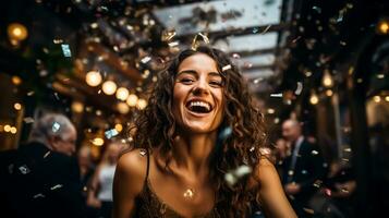 ritratto contento giovane donna nel festa su ristorante, bar o ufficio. caduta oro coriandoli. sfocato sfondo con persone e luci. celebrazione nuovo anno. ai generato foto