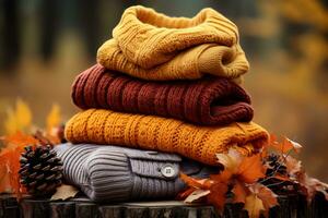 mucchio di caldo a maglia Abiti con autunno le foglie su sfocato rustico sfondo. pila di accogliente a maglia maglioni e cardigan. ai generato foto