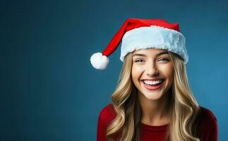 ritratto contento bionda donna nel rosso Santa cappello isolato su blu colore sfondo. Natale bella ragazza. ridendo giovane modello con bellezza Sorridi. festivo bandiera modello con copia spazio. ai generato foto