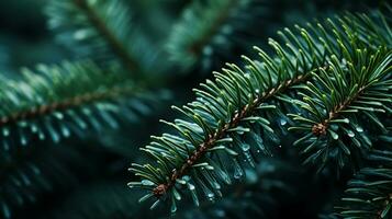 avvicinamento rami di blu abete rosso. rustico Natale struttura sfondo. dettagliato abete rami su il buio sfocato sfondo. festivo natale naturale sfondo concetto. copia spazio. ai generato foto