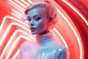 bionda giovane donna futuristico moda modello nel rosso neon luci sfondo. bellissimo ragazza con di moda trucco e acconciatura. cyberpunk ritratto di indipendente alto dettaglio eccezionale donne. ai generato foto