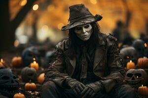 Halloween costumi creativamente visualizzato in mezzo il misterioso fondale di un' cimitero con Jack o' lanterne. generativo ai foto