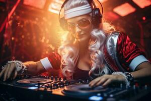 sexy femmina dj indossare Santa Claus vestito a Natale festa celebrazione. generativo ai foto