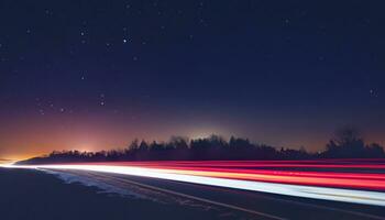 lungo esposizione di notte città. auto movimento sentieri su strada. velocità leggero striature sfondo con sfocato generativo ai foto