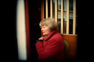 triste anziano donna nel il città. neurale Rete ai generato foto