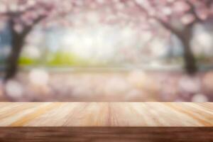 primavera di stagione di rosa sakura ramo con di legno tavolo In piedi, fiore sfondo. neurale Rete ai generato foto