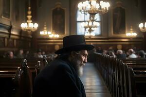 ortodosso ebreo legge preghiere nel il tempio. neurale Rete ai generato foto