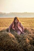 carino adolescenziale ragazza nel campo con Grano ritagli e covoni di fieno. mattina, nebbia foto