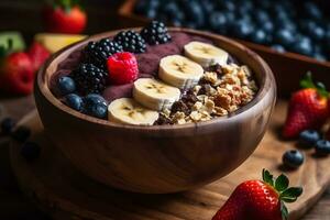 salutare gustoso prima colazione. fiocchi d'avena con frutti di bosco e frutta. neurale Rete ai generato foto