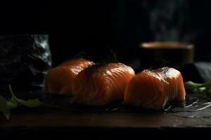 Sushi rotolo con salmone e gamberetto tempura. neurale Rete ai generato foto