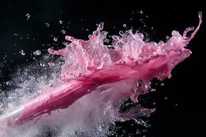 idratante rosa labbro gloss con un' spruzzo di acqua in giro esso. rosa spruzzo su un' buio sfondo. generato di artificiale intelligenza foto