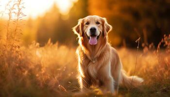 d'oro cane da riporto cane posa nel erba a tramonto ai generato foto