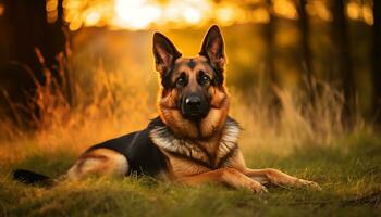 d'oro cane da riporto cane posa nel erba a tramonto ai generato foto