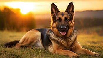 d'oro cane da riporto cane posa nel erba a tramonto ai generato foto