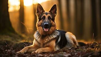 d'oro cane da riporto cane posa nel erba a tramonto ai generato foto
